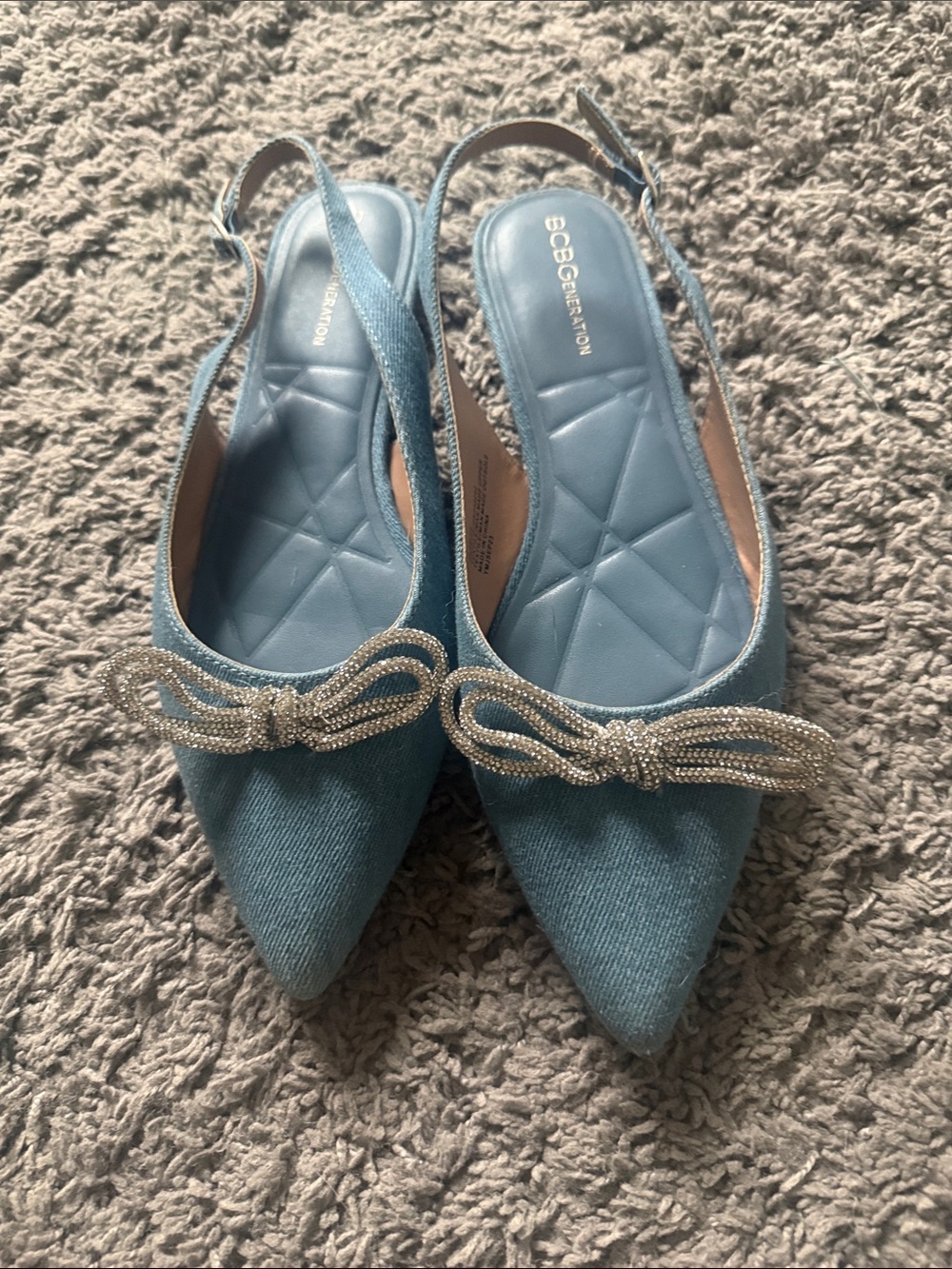 BCBGeneration Denim Blue Pointed Slingback Flats with Rhinestone Bow - Picture 5 of 5